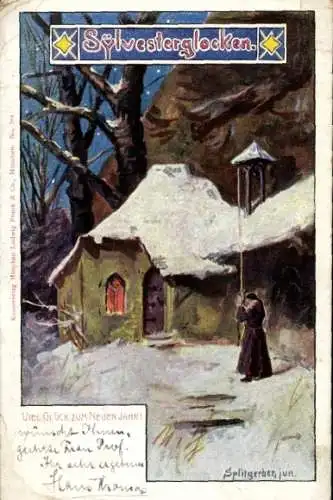 Künstler Litho Splitzgerber, Glückwunsch Neujahr, Sylvesterglocken, Wohnhaus, Winterszene