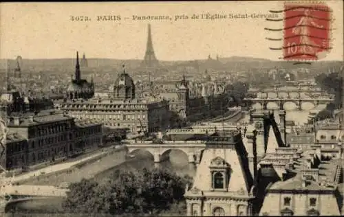 Ak Paris IV Ile de la Cité, Blick von der Kirche Saint-Gervais, Eiffelturm