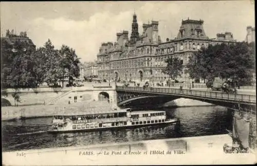 Ak Paris I Louvre,Pont d'Arcole, Rathaus, Ausflugsschiff