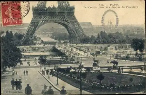 Ak Paris XVI Trocadéro, Jardins, Eiffelturm, Riesenrad