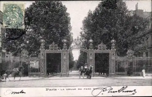 Ak Paris, La Grille du Parc Monceau, Einfahrt in den Park, Kutschen