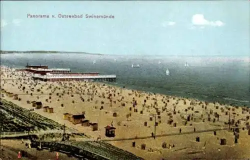 Ak Świnoujście Swinemünde Pommern, Strandpanorama, Meer, Strandkörbe