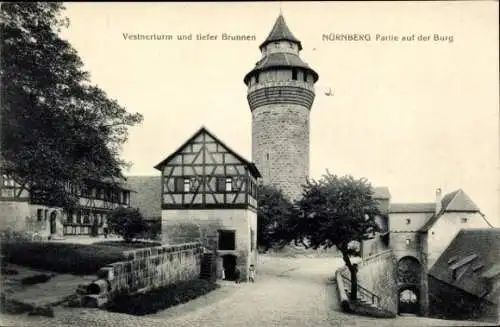 Ak Nürnberg in Mittelfranken, Burg, Vestnerturm und tiefer Brunnen