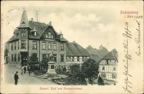 Ak Sankt Andreasberg Braunlage im Oberharz, Kaiserliche Post, Kriegerdenkmal