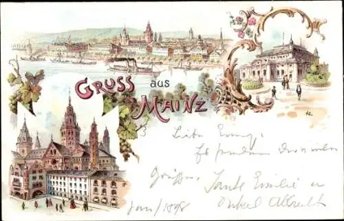 Litho Mainz in Rheinland Pfalz, Dom vom Höfchen gesehen, Stadthalle, Stadtpanorama