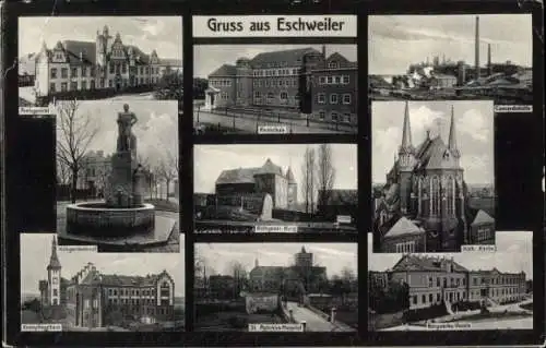 Ak Eschweiler Nordrhein Westfalen, Bergwerks-Verein, Kath. Kirche, Realschule, Amtsgericht, Denkmal