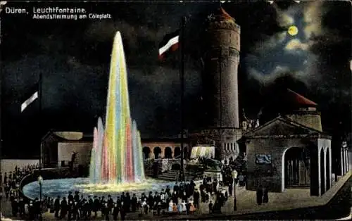 Mondschein Ak Düren in Nordrhein Westfalen, Leuchtfontäne, Abendstimmung am Kölnplatz