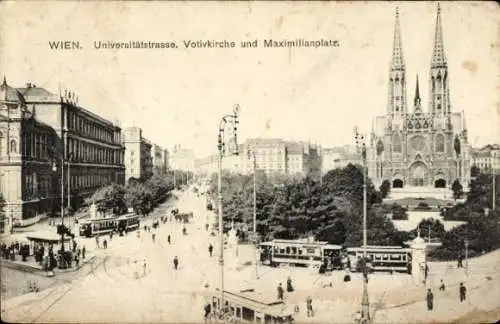 Ak Wien 1 Innere Stadt, Universitätstraße, Votivkirche, Maximilianplatz, Straßenbahn