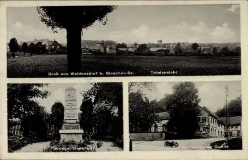 Ak Weidensdorf Remse in Sachsen, Totalansicht, Kriegerdenkmal, Gasthof zur guten Quelle