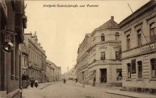 Ak Groitzsch in Sachsen, Bahnhofstraße, Postamt, Friseur, Bäckerei