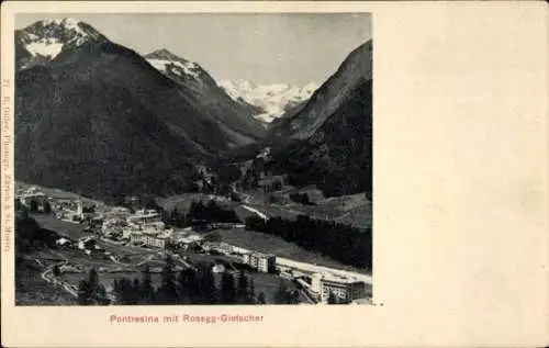 Ak Pontresina Kanton Graubünden Schweiz, Gesamtansicht mit Rosegg Gletscher