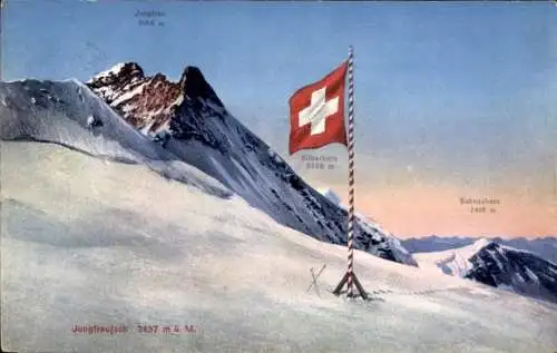Ak Kanton Bern, Jungfraujoch, Jungfrau, Silberhorn, Schneehorn, Fahne