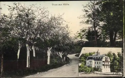 Ak Rötha in Sachsen, Straßenpartie mit Baumblüte, Villa