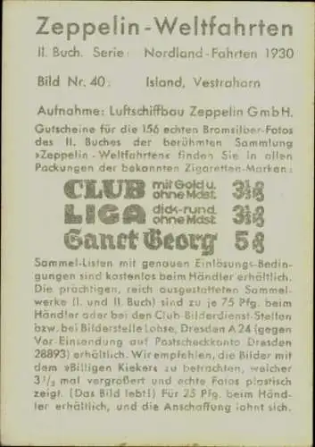 Sammelbild Zeppelin Weltfahrten II. Buch Serie Island Fahrt 1930 Bild 40, Island, Vestrahorn