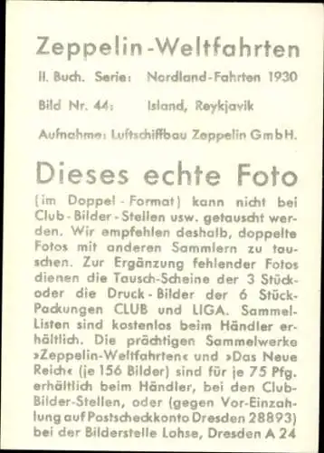 Sammelbild Zeppelin Weltfahrten II. Buch Serie Nordland Fahrten 1930 Bild 44, Island, Reykjavik