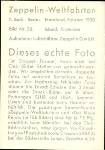 Sammelbild Zeppelin Weltfahrten II. Buch Serie Nordland Fahrten 1930 Bild 33, Island, Kratersee