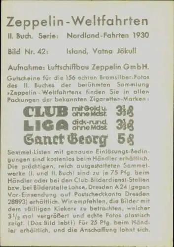Sammelbild Zeppelin Weltfahrten II. Buch Serie Island Fahrt 1930 Bild 42, Island Vatna Jökull