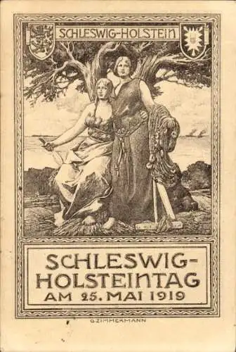 Wappen Künstler Ak Zimmermann, G., Schleswig Holstein Tag 1919, Allegorie, Fischen, Landwirtschaft
