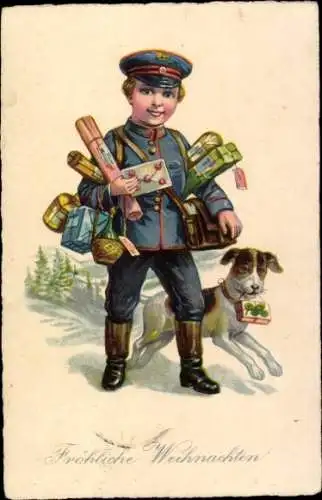 Ak Glückwunsch Weihnachten, Postbote mit Geschenken, Hund