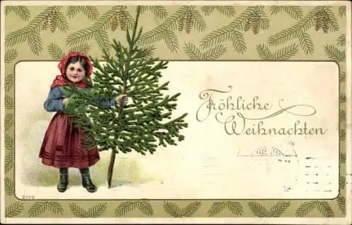 Präge Ak Glückwunsch Weihnachten, Mädchen mit Tannenbaum, Zapfen