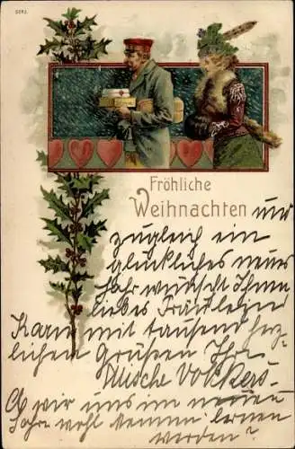 Präge Litho Glückwunsch Weihnachten, Portier mit Paketen, elegante Dame, Stechpalmenzweige