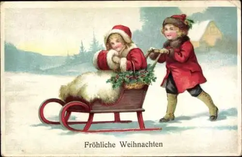 Ak Glückwunsch Weihnachten, Kinder, Schlittenfahrt, Stechpalme