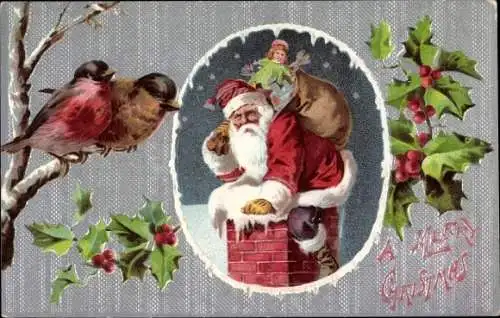 Präge Ak Glückwunsch Weihnachten, Weihnachtsmann mit Geschenkesack steigt in den Schornstein, Vögel