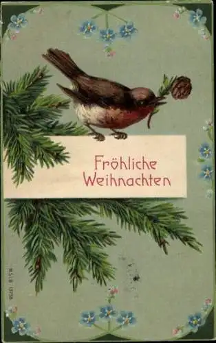 Präge Ak Glückwunsch Weihnachten, Tannenzweige, Vergissmeinnicht, Vogel