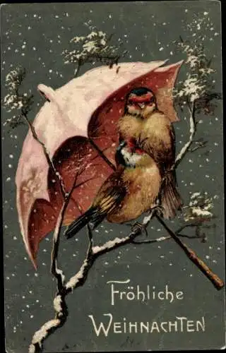 Präge Litho Glückwunsch Weihnachten, Zwei Vögel unter einem Regenschirm im Schneefall