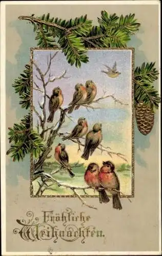 Präge Litho Glückwunsch Weihnachten, Vögel auf einem Baum