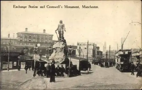 Ak Manchester England, Exchange Station und Cromwell&#39;s Monument