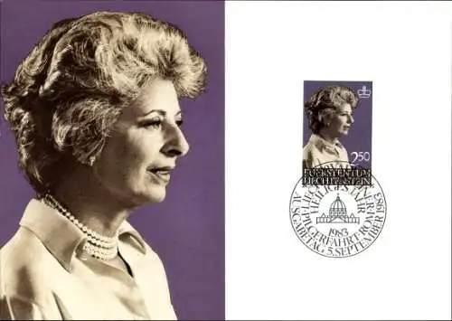 Briefmarken Ak Fürstin Gina von Liechtenstein, Portrait, Sonderstempel Pilgerfahrt 1983