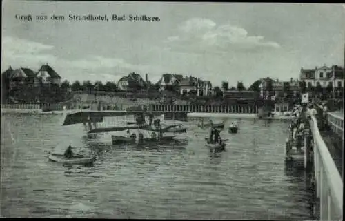 Ak Schilksee Kiel, Strandhotel, Boote, Wasserflugzeug