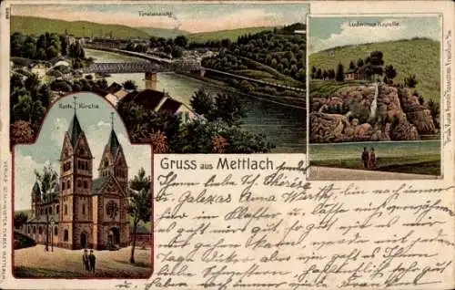 Litho Mettlach im Saarland, Ludwinus Kapelle, Katholische Kirche, Totalansicht