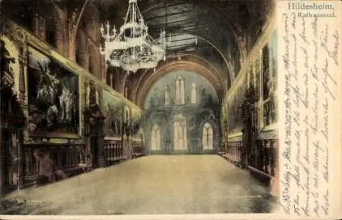 Ak Hildesheim in Niedersachsen, Rathaussaal, Wandgemälde, Kronleuchter