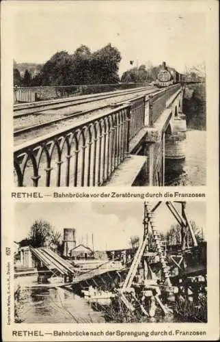 Ak Rethel Ardennes, Bahnbrücke vor und nach der Zerstörung durch Franzosen