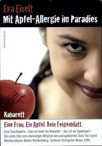 Ak Schauspielerin  Eva Eiselt, Portrait, Autogramm, Kabarett, Eine Frau, Ein Apfel, Kein Feigenblatt