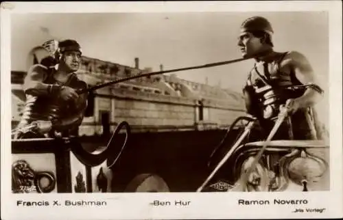 Ak Schauspieler Francis X. Bushman, Ramon Novarro, Ben Hur, Gladiator beim Wagenrennen