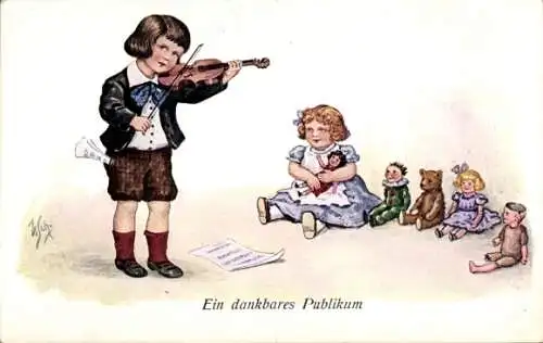 Künstler Ak Scheuermann, Willi, Ein dankbares Publikum, Junge mit Geige, Mädchen, Puppen, Teddys