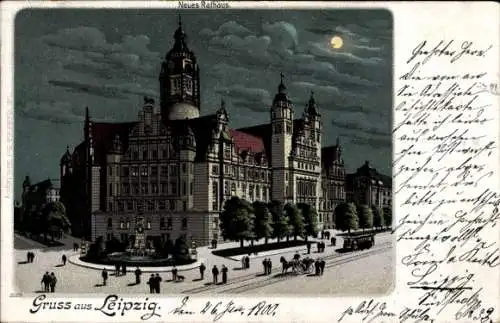 Mondschein Litho Leipzig in Sachsen, das neue Rathaus