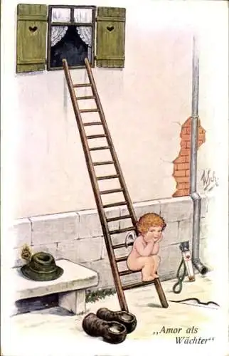 Künstler Ak Scheuermann, Willi, Amor als Wächter, Engel auf einer Leiter
