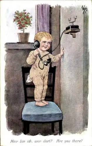 Künstler Ak Scheuermann, Willi, Hier bin ich, wer dort?, Kind im Schlafanzug, Telefon