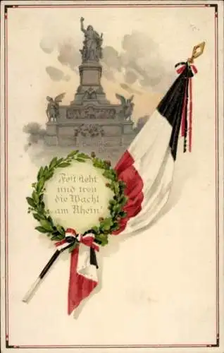 Ak Rüdesheim am Rhein, Niederwald-Denkmal, Die Wacht am Rhein, Kaiserliche Fahne