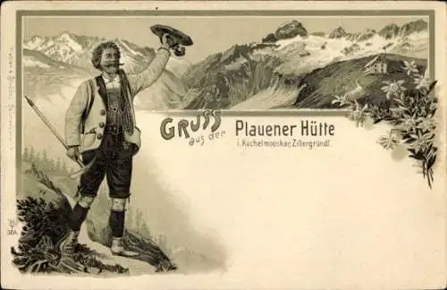 Litho Brandberg im Zillertal in Tirol, Zillergründl, Plauener Hütte, Wanderer