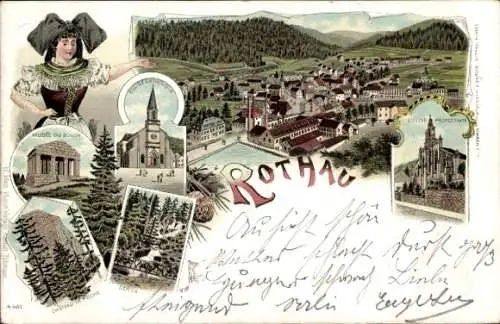 Litho Rothau Elsass Bas Rhin, Gesamtansicht, Kirche, Elsässerin