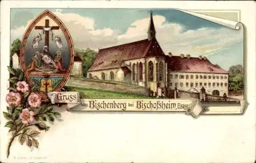 Litho Bischenberg Bischoffsheim Bischofsheim Elsass Bas Rhin, Kirche, Blumen, Kreuz