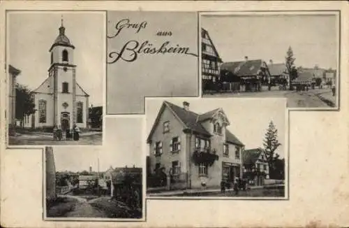 Ak Blaesheim Bläsheim Elsass Bas Rhin, Kirche, Straßenpartie