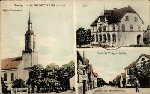 Ak Boofzheim Alsace Bas Rhin, Schule, Teil des Dorfes, Rathaus, protestantische Kirche
