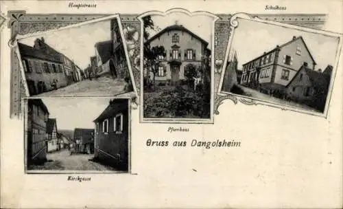 Ak Dangolsheim Elsass Bas Rhin, Schulhaus, Pfarrhaus, Hauptstraße, Kirchgasse