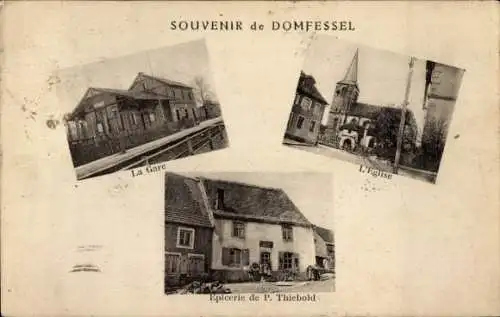 Ak Domfessel Alsace Bas Rhin, Der Bahnhof, Die Kirche, Lebensmittelgeschäft